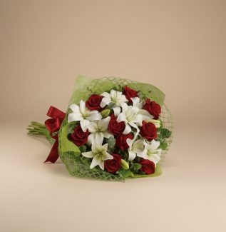 Fresh white lily and red rose bouquet Gold Coast florist same day delivery with premium flowers