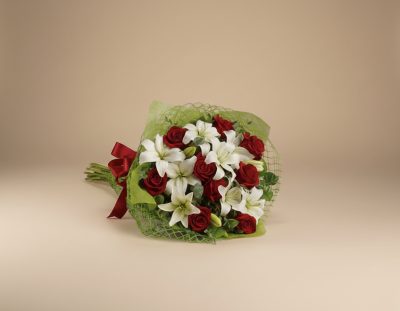 Fresh white lily and red rose bouquet Gold Coast florist same day delivery with premium flowers
