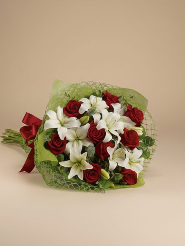 Fresh white lily and red rose bouquet Gold Coast florist same day delivery with premium flowers