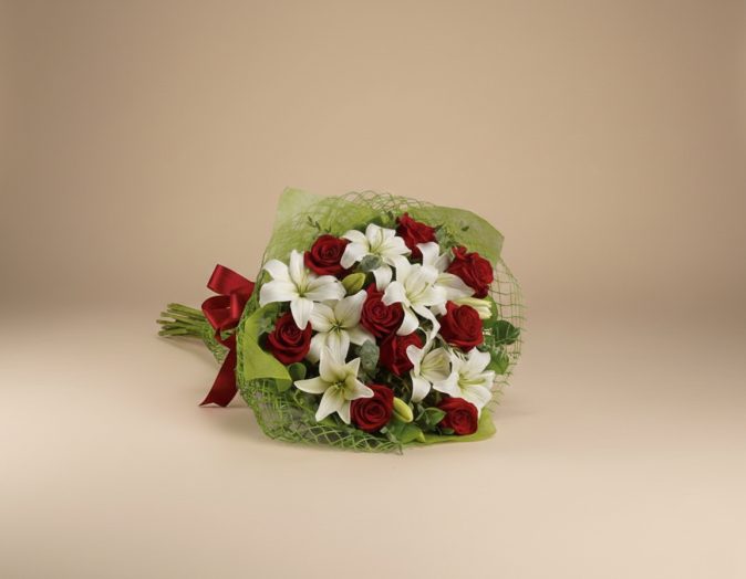 Fresh white lily and red rose bouquet Gold Coast florist same day delivery with premium flowers