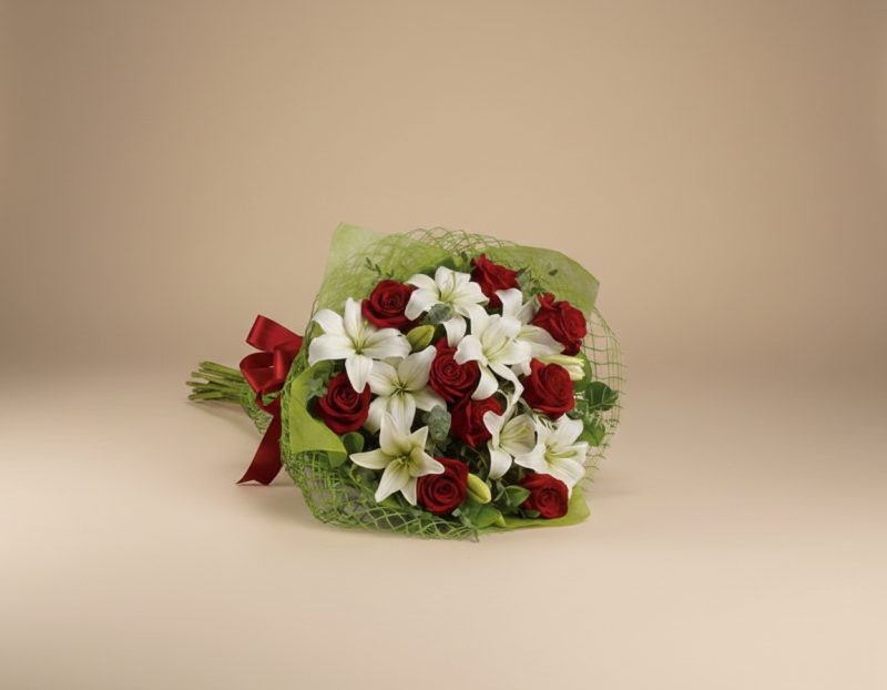 Fresh white lily and red rose bouquet Gold Coast florist same day delivery with premium flowers