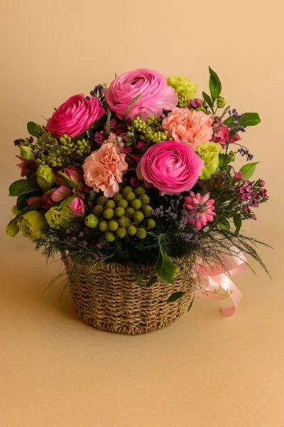 Josephine flower basket arrangement with pink flowers in a woven basket Gold Coast