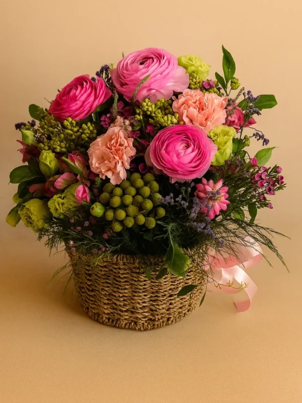 Josephine flower basket arrangement with pink flowers in a woven basket Gold Coast