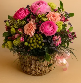 Josephine flower basket arrangement with pink flowers in a woven basket Gold Coast