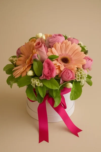 Peach and pink flower arrangement with gerberas and roses in white box Gold Coast
