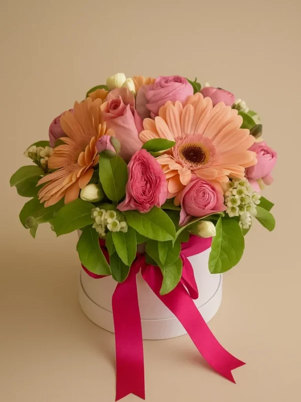 Peach and pink flower arrangement with gerberas and roses in white box Gold Coast