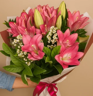 Blushing pink lily bouquet with seasonal flowers – Flowers of Southport