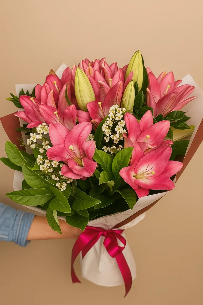Blushing pink lily bouquet with seasonal flowers – Flowers of Southport