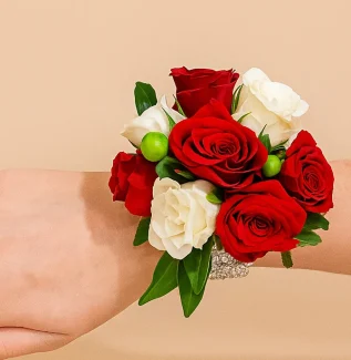 White and Red Wrist Corsage