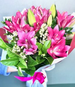 Blushing pink lily bouquet with seasonal flowers – Flowers of Southport