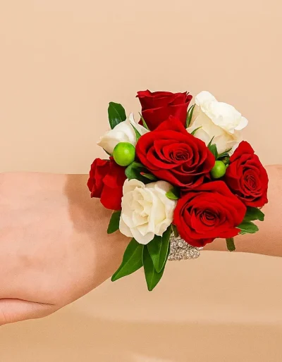 Red wrist corsage with fresh flowers for formal event Gold Coast