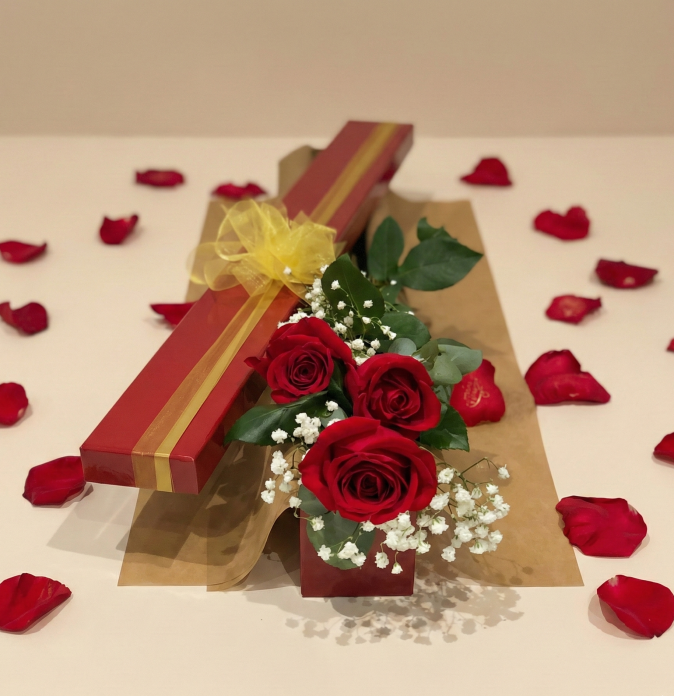 romantic rose gift box with three long stem red roses and petals on beige studio background – Flowers of Southport