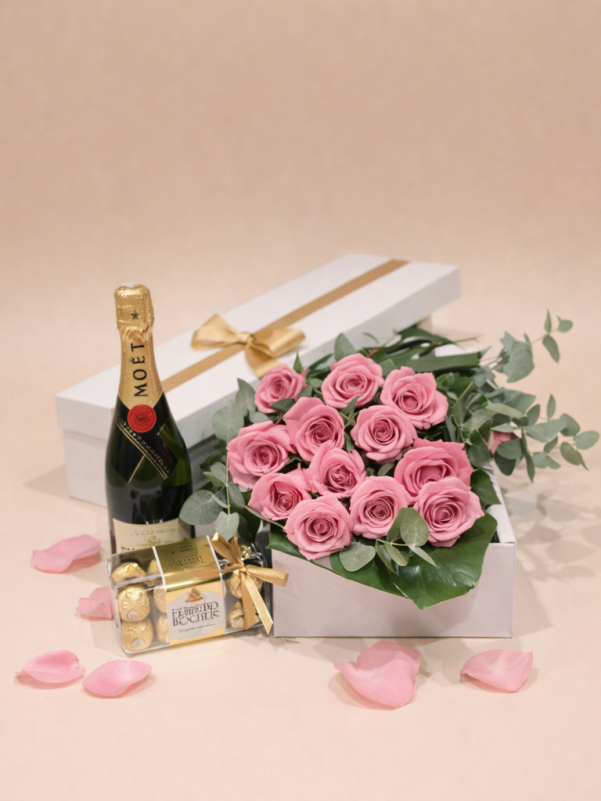 Elegant gift set with pink roses, champagne and Ferrero Rocher chocolates perfect for delivery on the Gold Coast