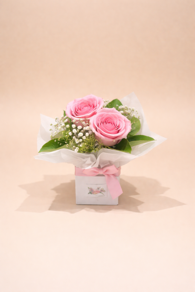 Two pink roses mini arrangement with baby’s breath in a small box – romantic flower gift Gold Coast delivery