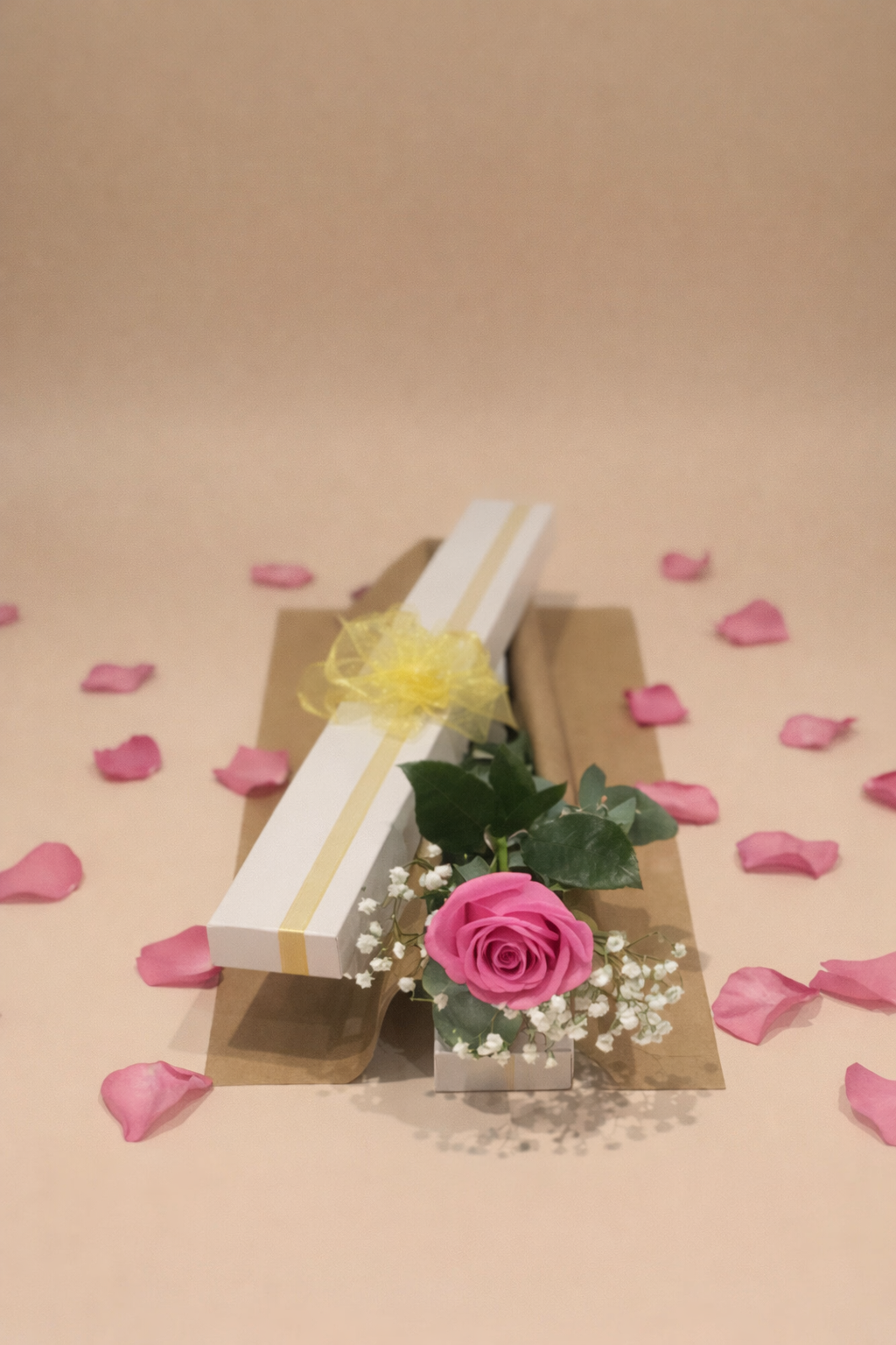 Pink rose in a white gift box with baby’s breath and petals on a beige background Gold Coast