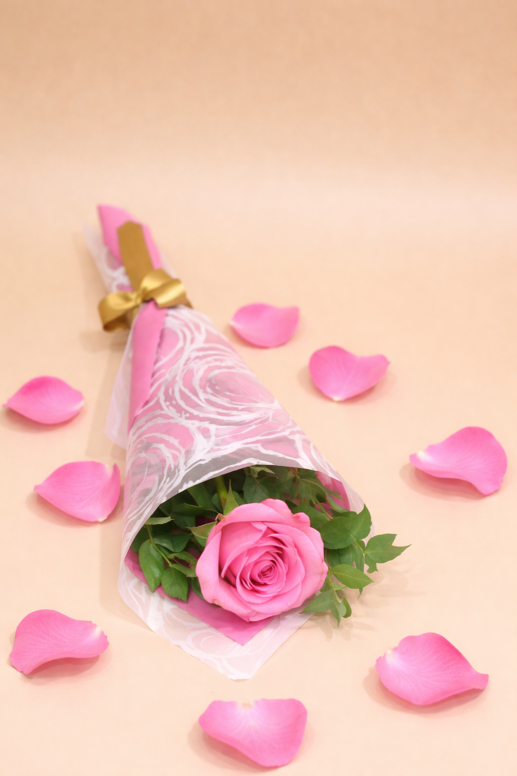 Single pink rose bouquet wrapped in elegant paper, perfect thoughtful gift on the Gold Coast