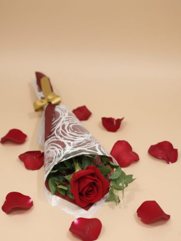 Single red rose bouquet wrapped in elegant paper, perfect romantic gift on the Gold Coast