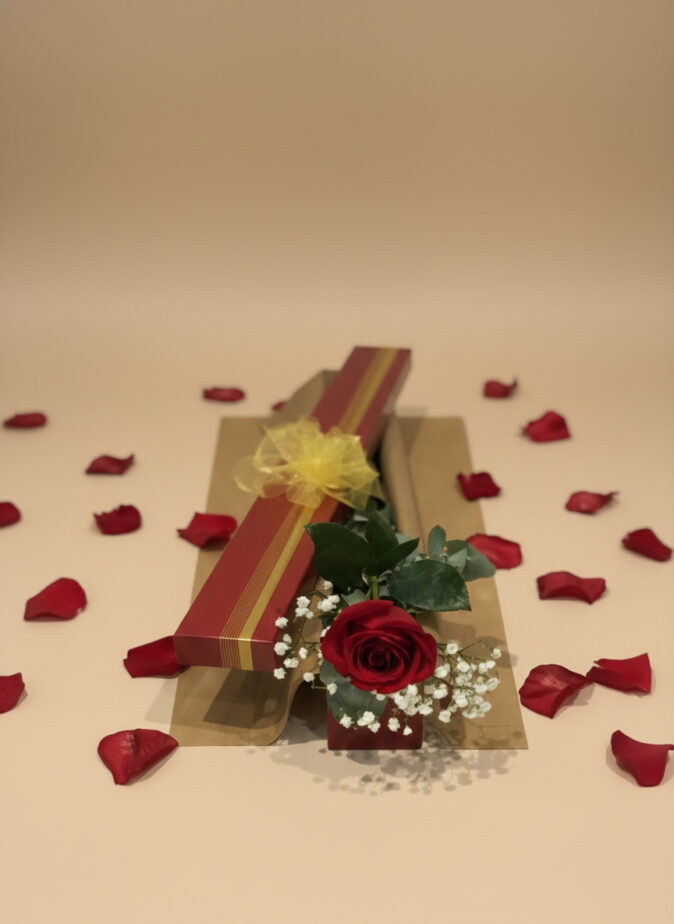Red rose in a gift box with baby’s breath and petals on a beige background Gold Coast