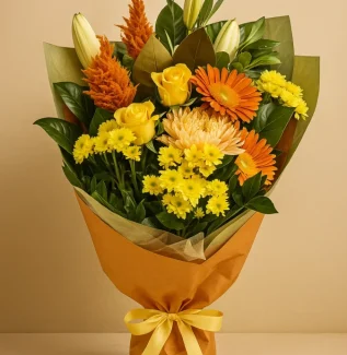 Custom bright flower bouquet with vibrant mixed seasonal blooms arranged in a fresh, colorful floral design.