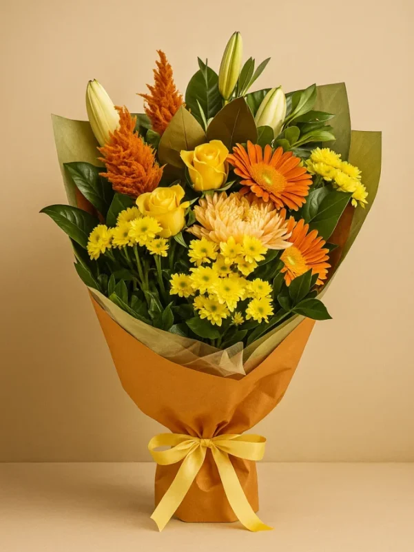 Custom bright flower bouquet with vibrant mixed seasonal blooms arranged in a fresh, colorful floral design.