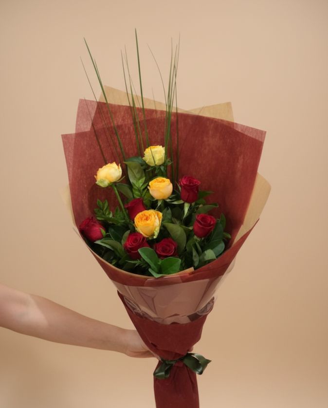 Fresh red and yellow rose bouquet Gold Coast florist same day delivery with premium mixed roses