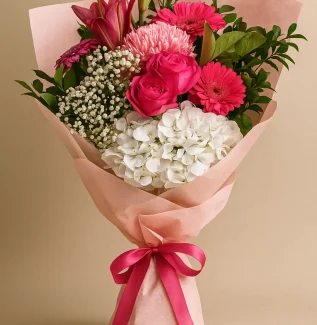 Fresh pink lily and rose bouquet Gold Coast florist same day delivery with premium seasonal flowers