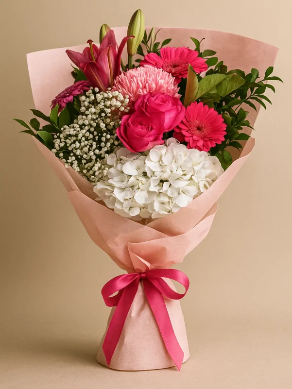 Fresh pink lily and rose bouquet Gold Coast florist same day delivery with premium seasonal flowers