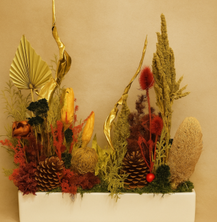 Burgundy and gold dried flowers in long vase Gold Coast warm tones