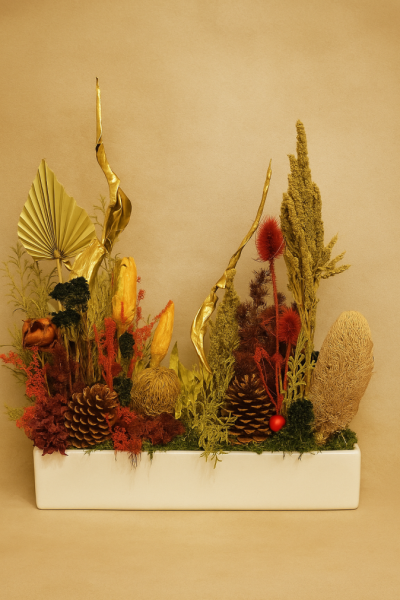 Burgundy and gold dried flowers in long vase Gold Coast warm tones