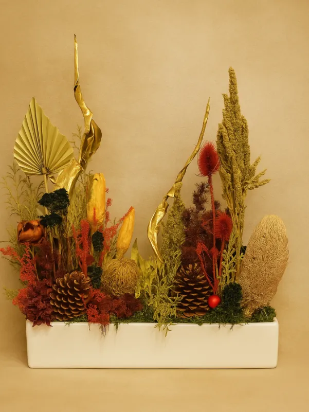 Burgundy and gold dried flowers in long vase Gold Coast warm tones