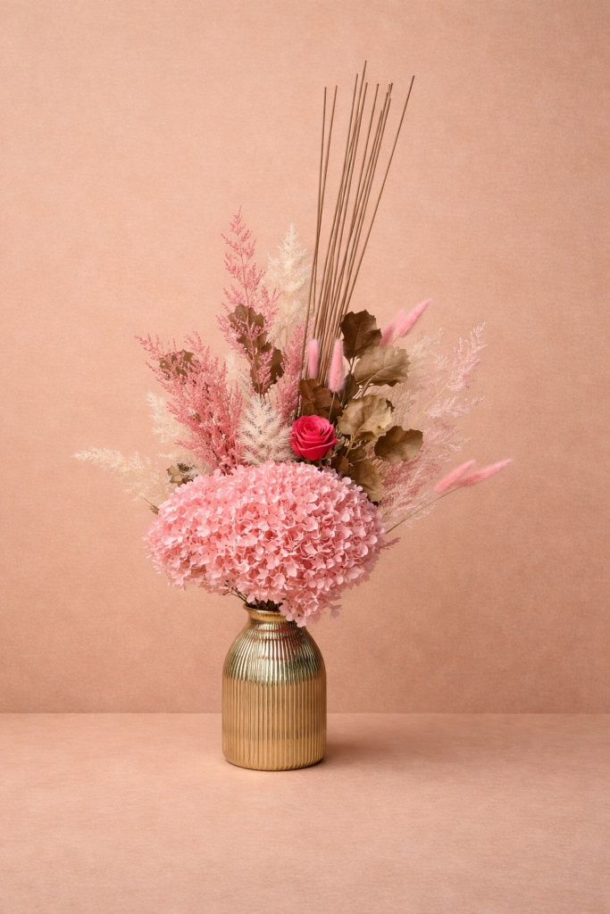 Soft pink dried flowers in vase Gold Coast long lasting floral gift