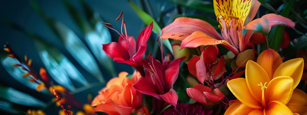 a bouquet of vibrant, exotic flowers arranged in a modern, artistic style, standing out from conventional valentine's day arrangements.
