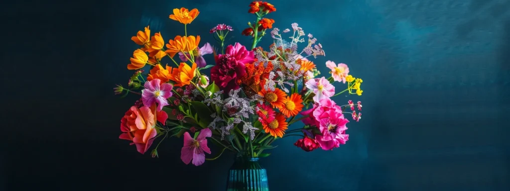 a vibrant bouquet of assorted flowers in various colors and shapes, creatively arranged in a modern vase.