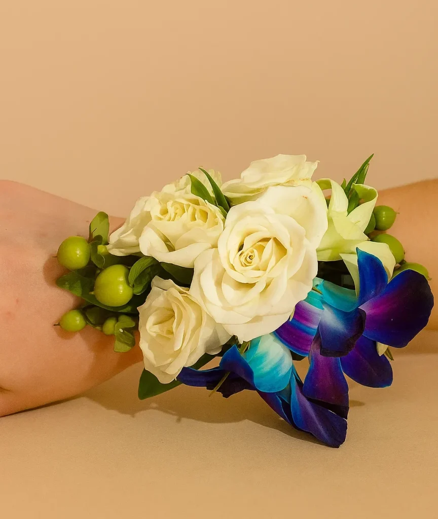 blue and white wrist corsage, formals