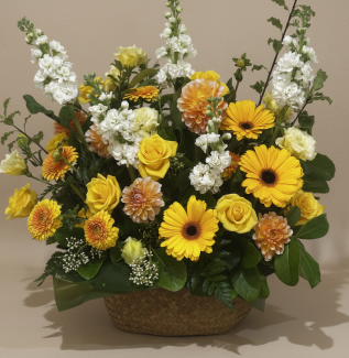 Luxury flower arrangement with yellow, apricot and white blooms in a grand premium design – Flowers of Southport