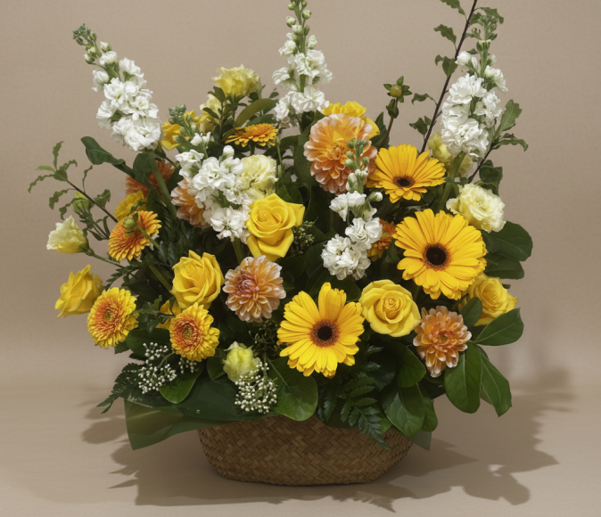 Luxury flower arrangement with yellow, apricot and white blooms in a grand premium design – Flowers of Southport