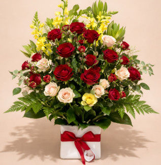 Red rose and pink spray rose arrangement with yellow snapdragons in white box Gold Coast