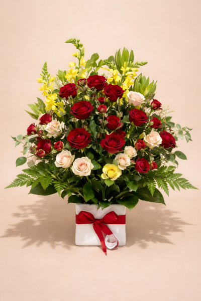 Red rose and pink spray rose arrangement with yellow snapdragons in white box Gold Coast