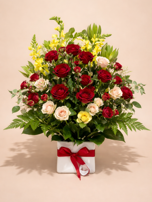 Red rose and pink spray rose arrangement with yellow snapdragons in white box Gold Coast