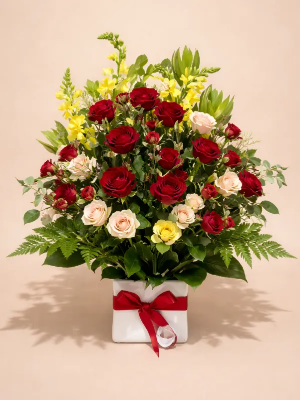 Red rose and pink spray rose arrangement with yellow snapdragons in white box Gold Coast