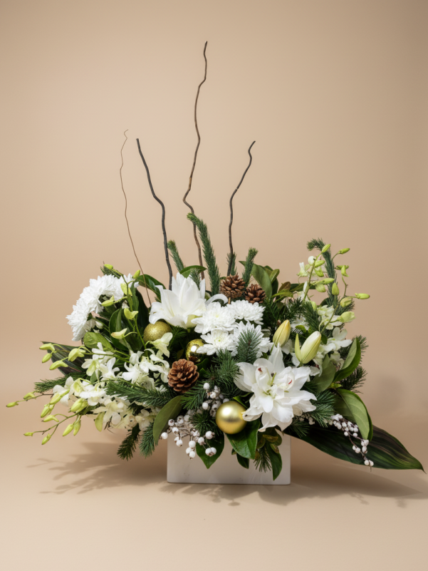 Estella white and green flower arrangement with lilies and chrysanthemums Gold Coast