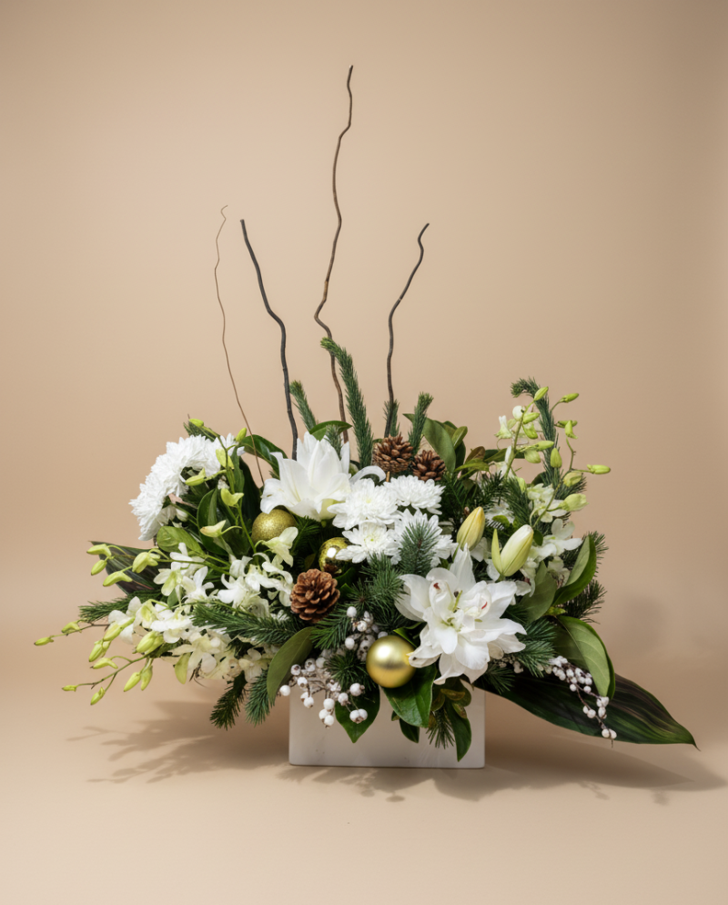 Estella white and green flower arrangement with lilies and chrysanthemums Gold Coast