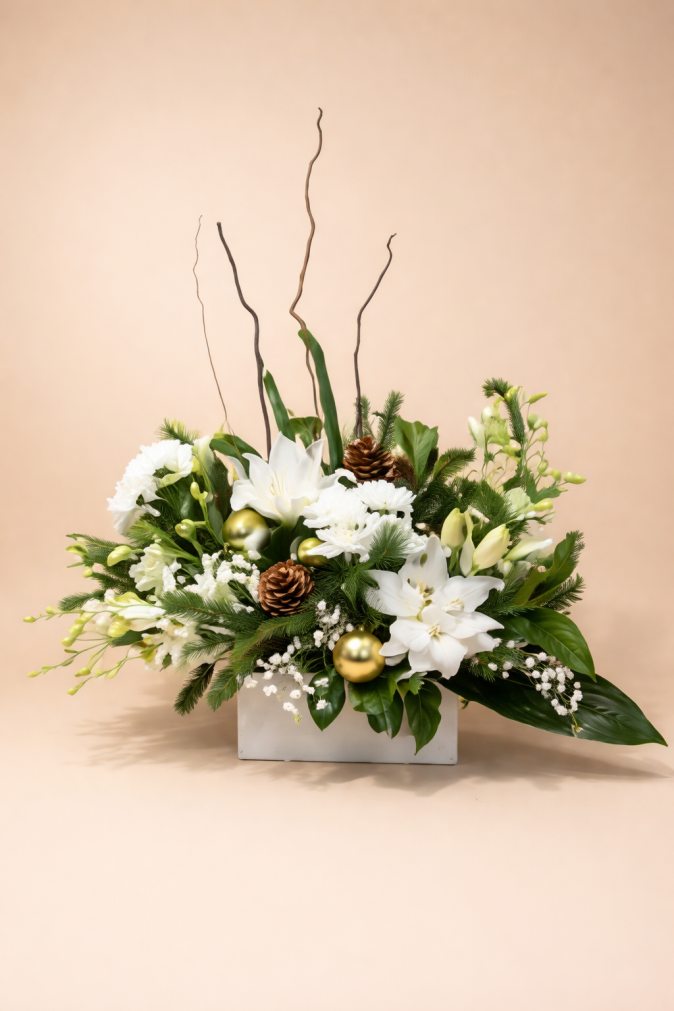 White and green flower arrangement Gold Coast with seasonal blooms in an elegant natural style