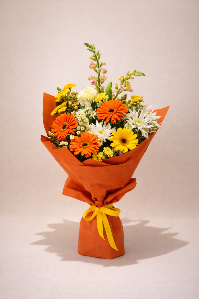 Bright flower bouquet Gold Coast with orange wrapping and mixed seasonal flowers