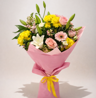 Pastel flower bouquet Gold Coast with seasonal blooms in pink wrapping
