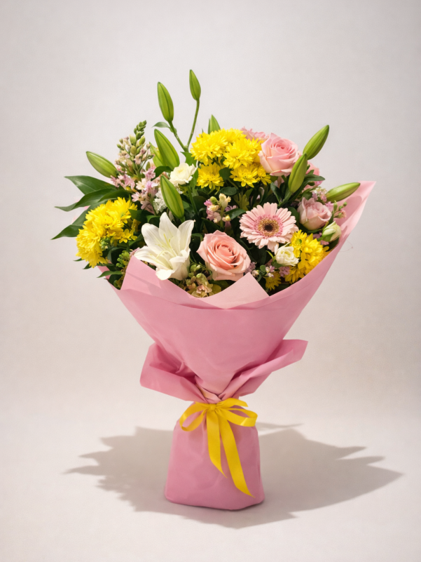 Pastel flower bouquet Gold Coast with seasonal blooms in pink wrapping