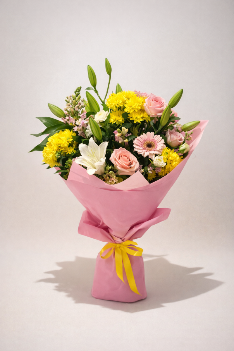 Pastel flower bouquet Gold Coast with seasonal blooms in pink wrapping