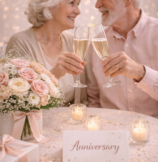 Anniversary flowers with couple celebrating and soft pastel romantic styling Gold Coast