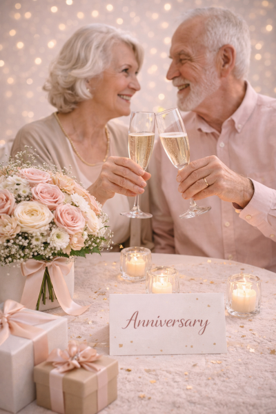 Anniversary flowers with couple celebrating and soft pastel romantic styling Gold Coast