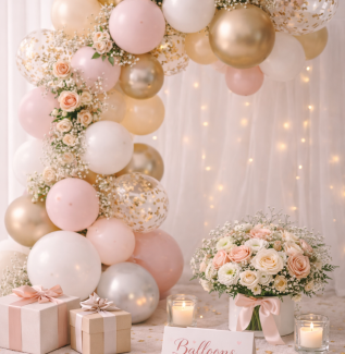 Elegant balloon arrangement in soft pastel tones with flowers and styling Gold Coast